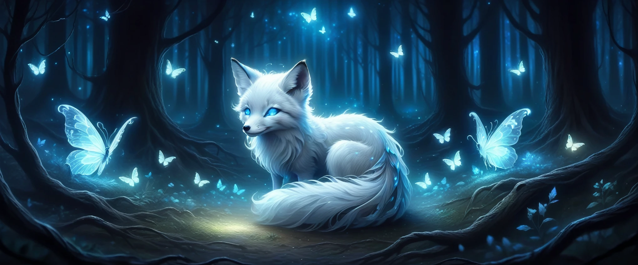 spirit animal, score_9, score_8_consolation, score_7_consolation, score_6_consolation, score_5_consolation, score_4_consolation, ethereal ghost baby fox, Beloved, cartoon character, glowing blue eyes, glowing butterflies, fantasy forest at night time, realistic, very detailed, There are no humans