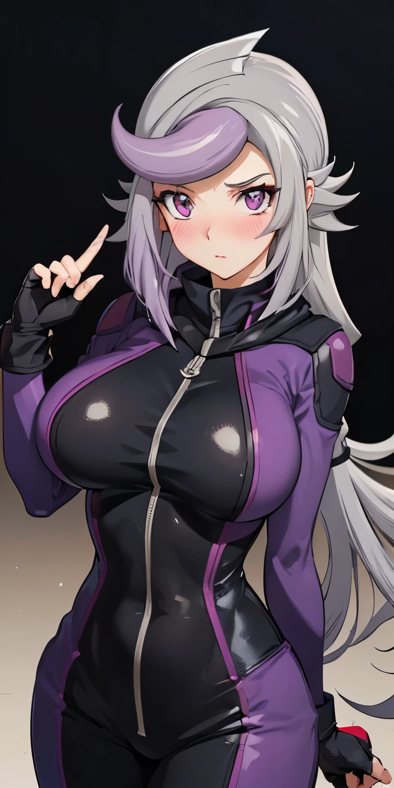 1 Female,High definition,high resolution,Ultra-realistic,8K, 1girl, (emma_bessho:1.2), (grey hair:1.2), (purple hair:1.2), pink eyes, low-tied long hair, (large breasts:1.2), (wide hips:1.2), (purple bodysuit:1.2), (long sleeves:1.2), pants, (black gloves, fingerless gloves:1.2),
‌, large breasts,European,sexy,Upper body close-up,Photographed from the front,Dynamic Angles,(blush), (medium tits) 