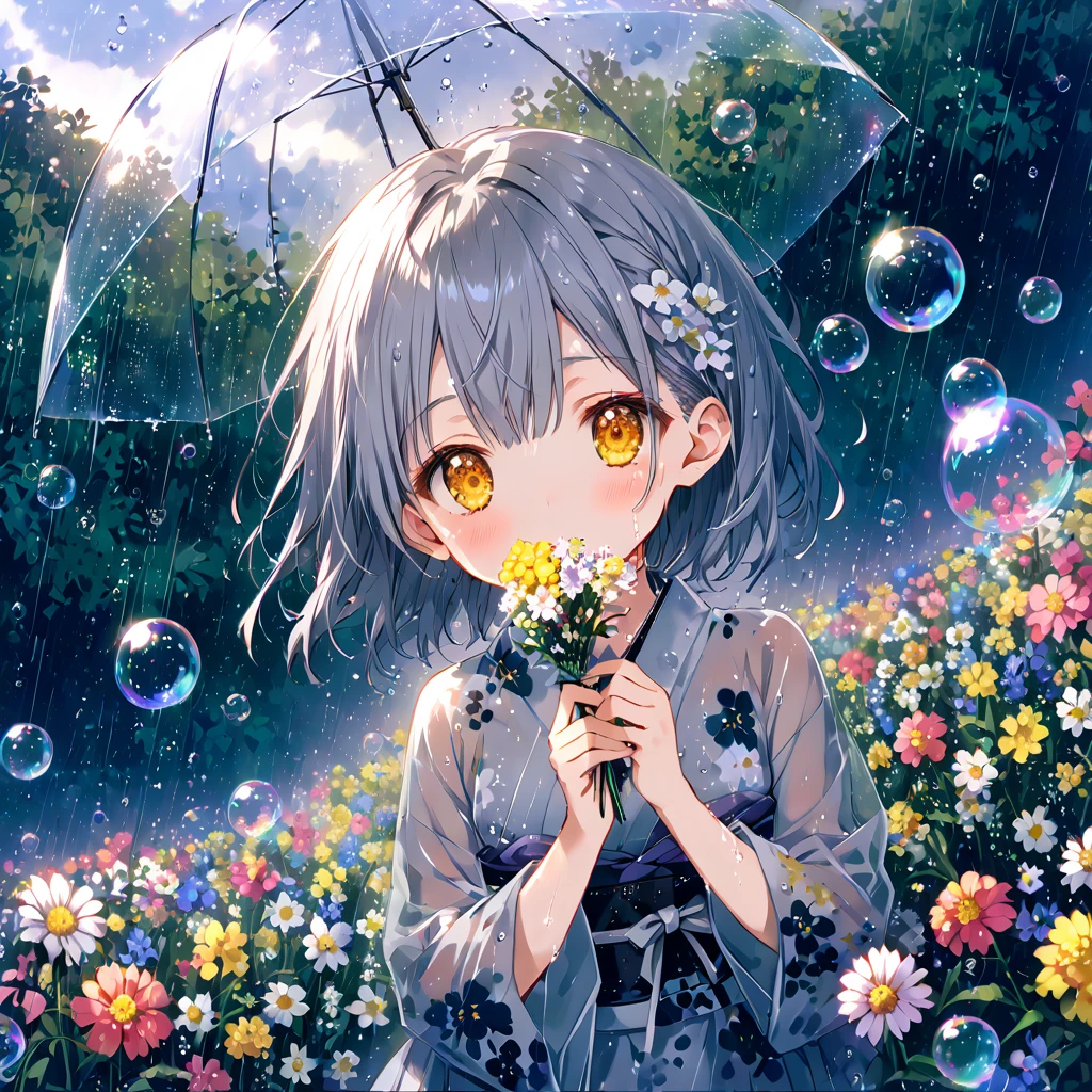 Girl、Gray Hair、Yellow Eyes、rain、See-through kimono、rainの花畑、Soap bubbles all around、A flower field reflected in a soap bubble