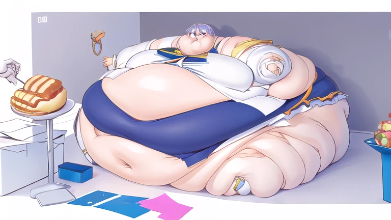 White hair，golden Eyes，Smiling,1.Man , handsome Suit, Expression:((Surprised Blushing Embrassed)), Pose:(( holding belly hose_in_mouth)),pear_shaped_body,hyper_belly,belly_bigger_than_body,fat