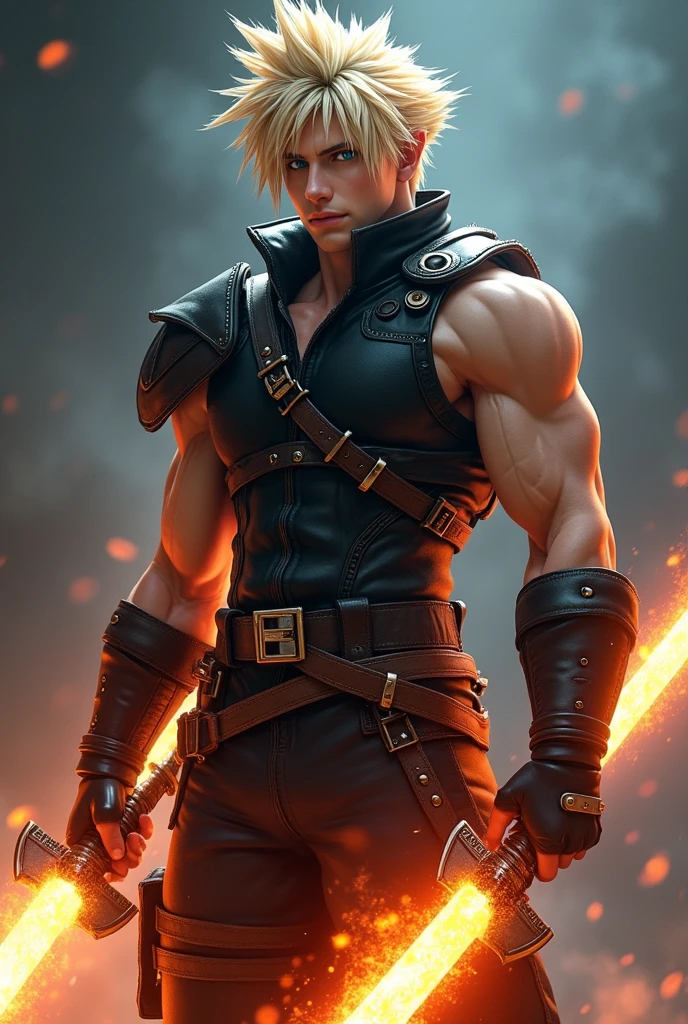 full-length shot of Zach, Zach has distant makou-green glowing eyes, set in a pale gray face surrounded by bright fiery spikes of black and blonde hair, He wears a burgandy chiton with a red and gold flame pattern, A single spiked pauldron asymmetrically guards his left shoulder, His stern expression is guaranteed by the red studded leather band across his forehead, Zach wields Blazing Edge - a massive broadsword glowing with red runes and wreathed in flames, The sword reflects in Zach's brooding emotionless green eyes, Zach's posture and build has muscular stature combined with aloof stance - arms hanging nonchalantly at his sides but fists clenched tight, He gives off an intimidating yet indifferent aura, streaked hair, wide shot, masterpiece, high details, cloud strife, shoulder armor, sleeveless turtleneck, suspenders, belt, baggy pants, gloves, bracer, boots, ZagreusHades, laurel crown, chiton