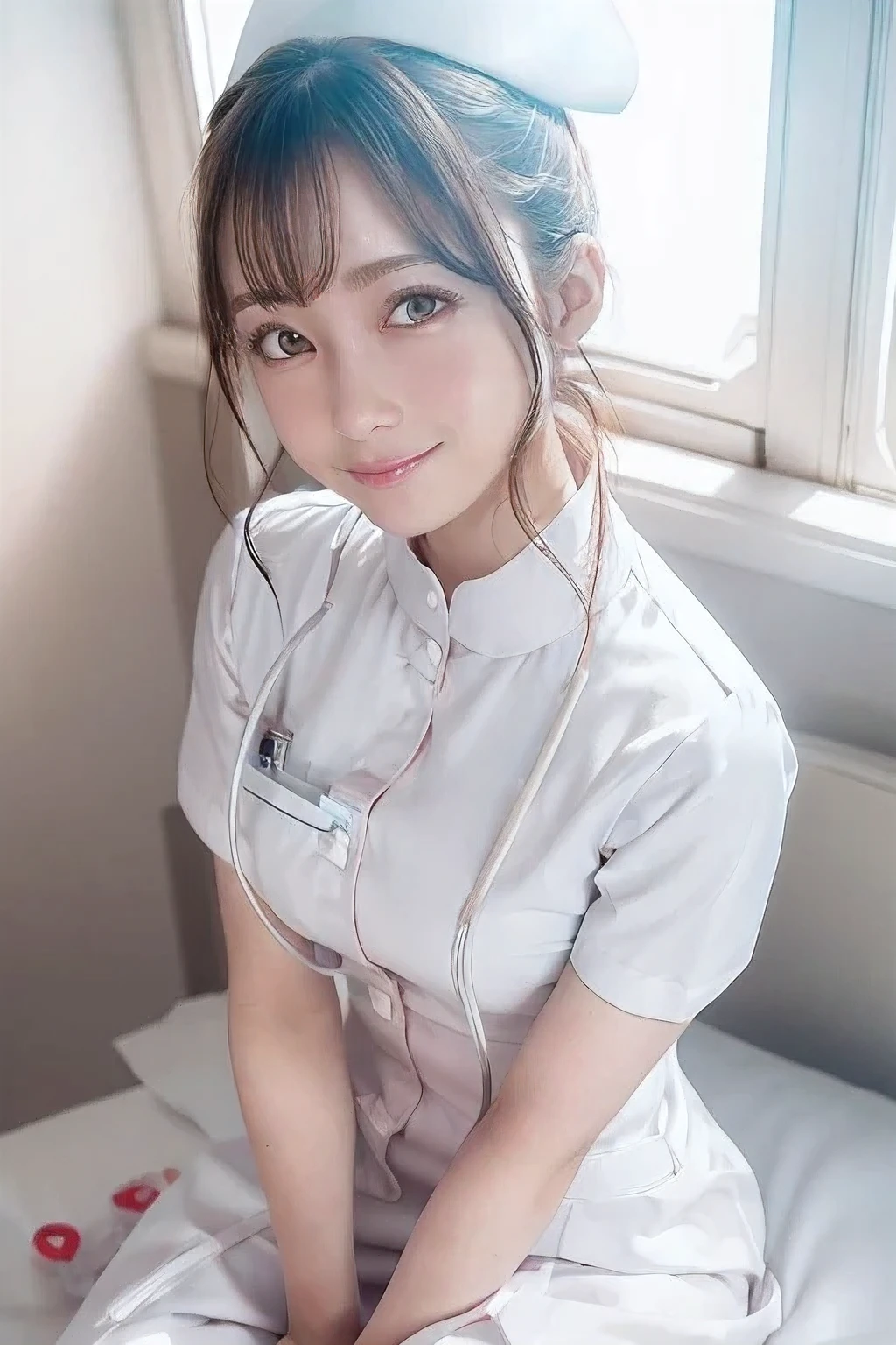 woman, Alone, (Wearing white nurse clothes:1.2), Upstyle, ponytail, Light brown eyes, nurse, Perfect Anatomy, nurse uniform, ((Nurse cap)), ((White Costume)), Long skirt, hospital, (close), Face close, cute, smile