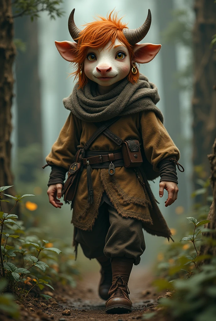 (8k, RAW photo, best quality, masterpiece:1.2), (realistic, photo-realistic:1.4)wide shot,realistic photo,Tasslehoff Burrfoot, often simply called Tas, is a kender and one of the main characters in the Dragonlance saga. Here are even more details about his appearance: Hair: Brown hair, which he wears in a signature topknot. This braid is a trademark of the kender and gives a youthful and adventurous look. Eyes: Brown eyes that often sparkle with curiosity and mischief. His eyes reflect his unwavering curiosity and mischievous personality. Face: A broad smile and a clear, bright alto voice. Body build: He is just under 1.20 meters tall (4 feet) and has a slim build with narrow, pointed ears. His small size and slim build make him agile and skilled, which helps him in many situations. Clothing: Often wears practical clothing appropriate for his adventures. He always has a variety of bags and pouches with him in which he stores his “found” treasures. These bags are often filled with all sorts of useful (and sometimes useless) items that he has collected on his travels. Accessories: Tas often wears a variety of small trinkets and souvenirs that he has collected on his adventures. These items often have personal meaning and remind him of his many experiences.