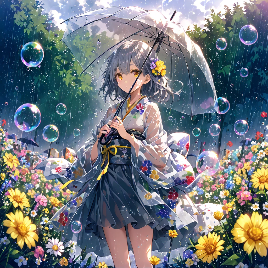 Girl、Gray Hair、Yellow Eyes、rain、See-through kimono、rainの花畑、Soap bubbles all around、A flower field reflected in a soap bubble,[umbrella]