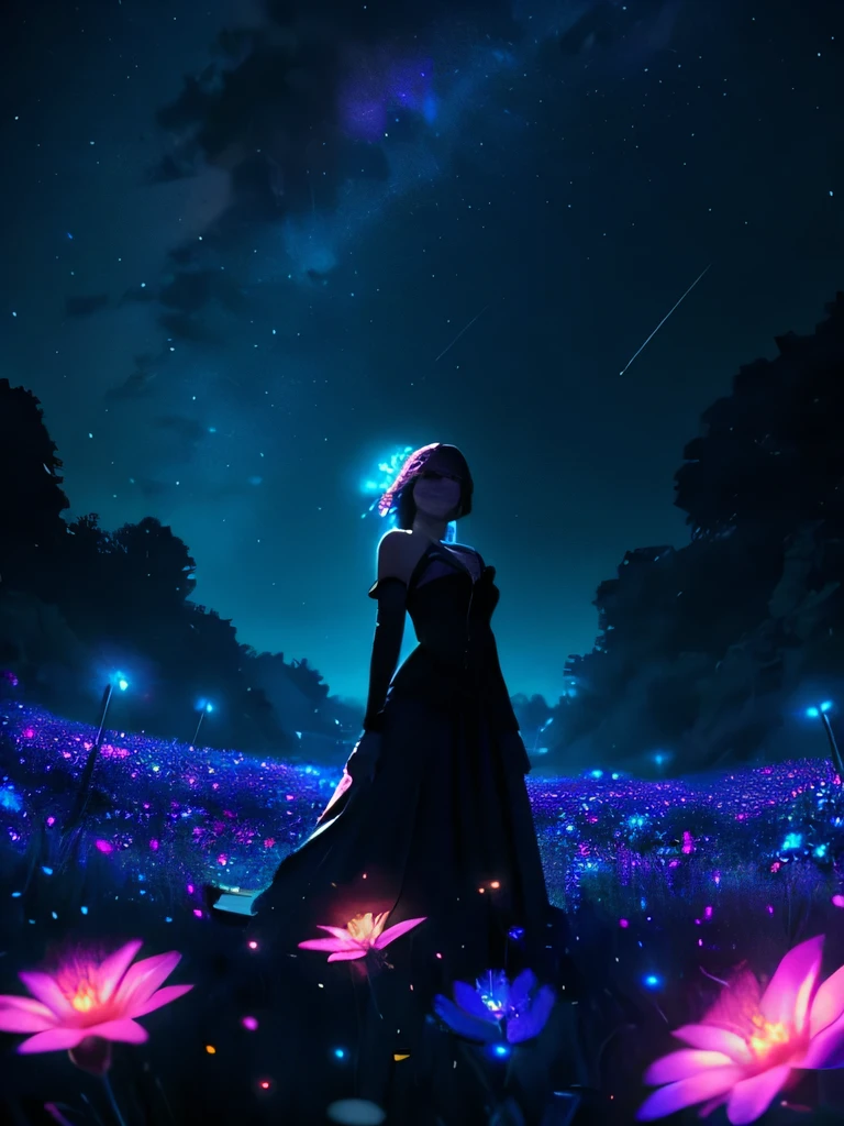 a beautiful woman in a fantastical field at night, stars in the sky, neon glowing fantasy flowers, fireflies all around, masterpiece, 4k, best quality, highly detailed, photorealistic, cinematic lighting, dramatic colors, surreal, magical atmosphere, beautiful girl