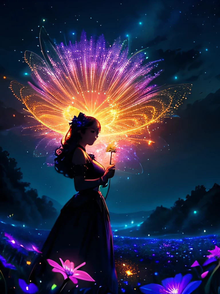 a beautiful woman in a fantastical field at night, stars in the sky, neon glowing fantasy flowers, fireflies all around, masterpiece, 4k, best quality, highly detailed, photorealistic, cinematic lighting, dramatic colors, surreal, magical atmosphere, beautiful girl