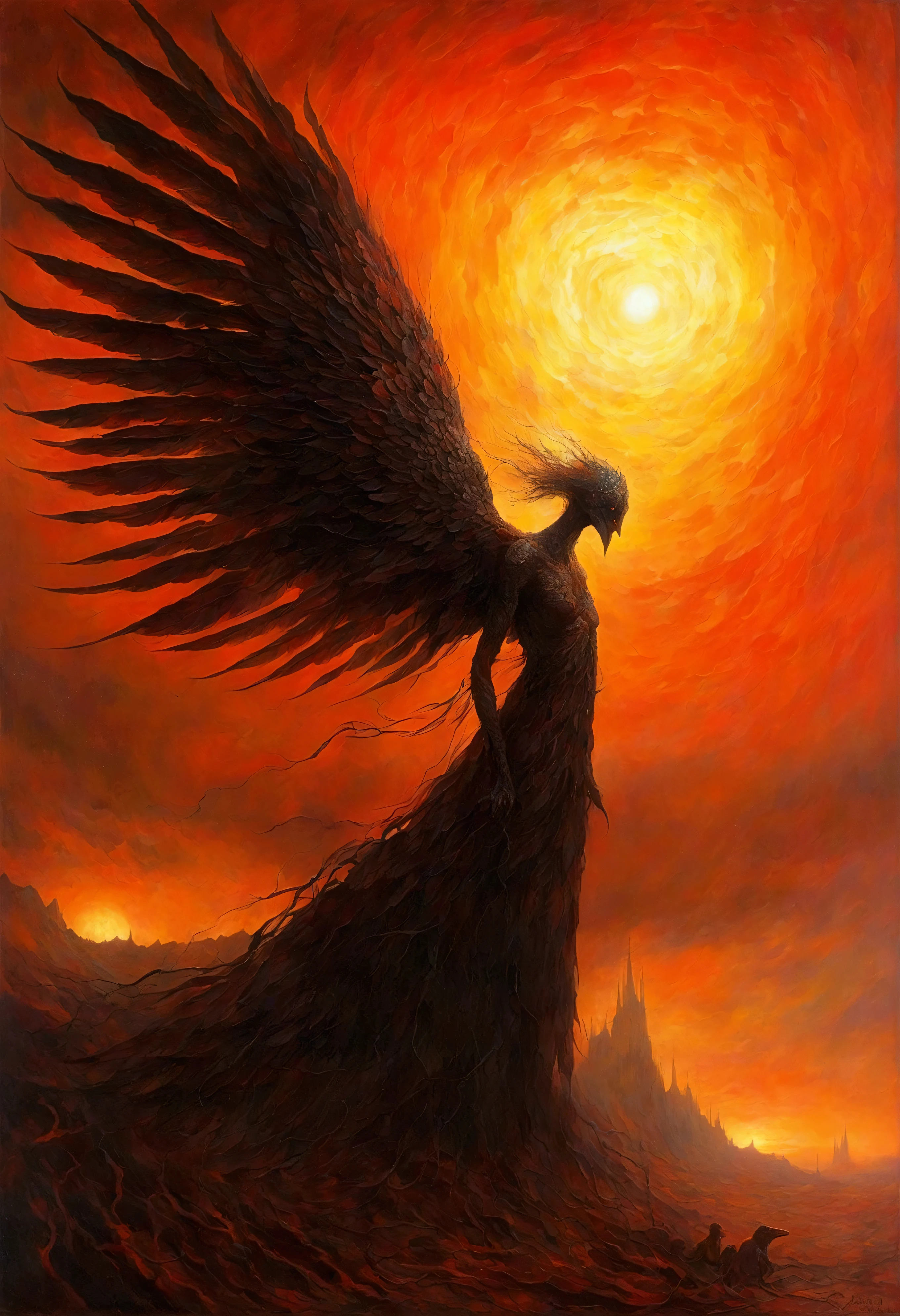 back view, mythological creatures, author:Zdzislaw Beksinski和Van Gogh, album covers, romatic, surrealism, Futuristic ,satan, coral, wizard, angel wings, abstracted, Dark gold, white, hell, landscape