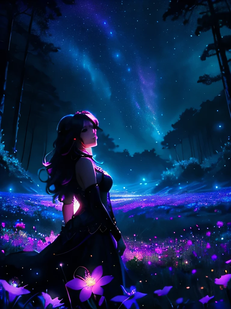 a beautiful woman in a fantastical field at night, stars in the sky, neon glowing fantasy flowers, fireflies all around, masterpiece, 4k, best quality, highly detailed, photorealistic, cinematic lighting, dramatic colors, surreal, magical atmosphere, beautiful girl