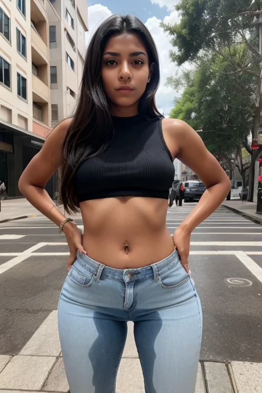 Cabello Bleu、cabello corto、mujer sexy desnuda con buenas curvas、sujetador deportivo azul oscuro、pantalones cortos azul oscuro、en la ciudad