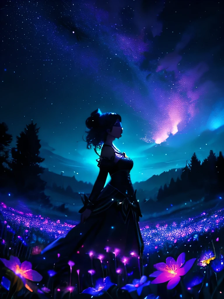 a beautiful woman in a fantastical field at night, stars in the sky, neon glowing fantasy flowers, fireflies all around, masterpiece, 4k, best quality, highly detailed, photorealistic, cinematic lighting, dramatic colors, surreal, magical atmosphere, beautiful girl