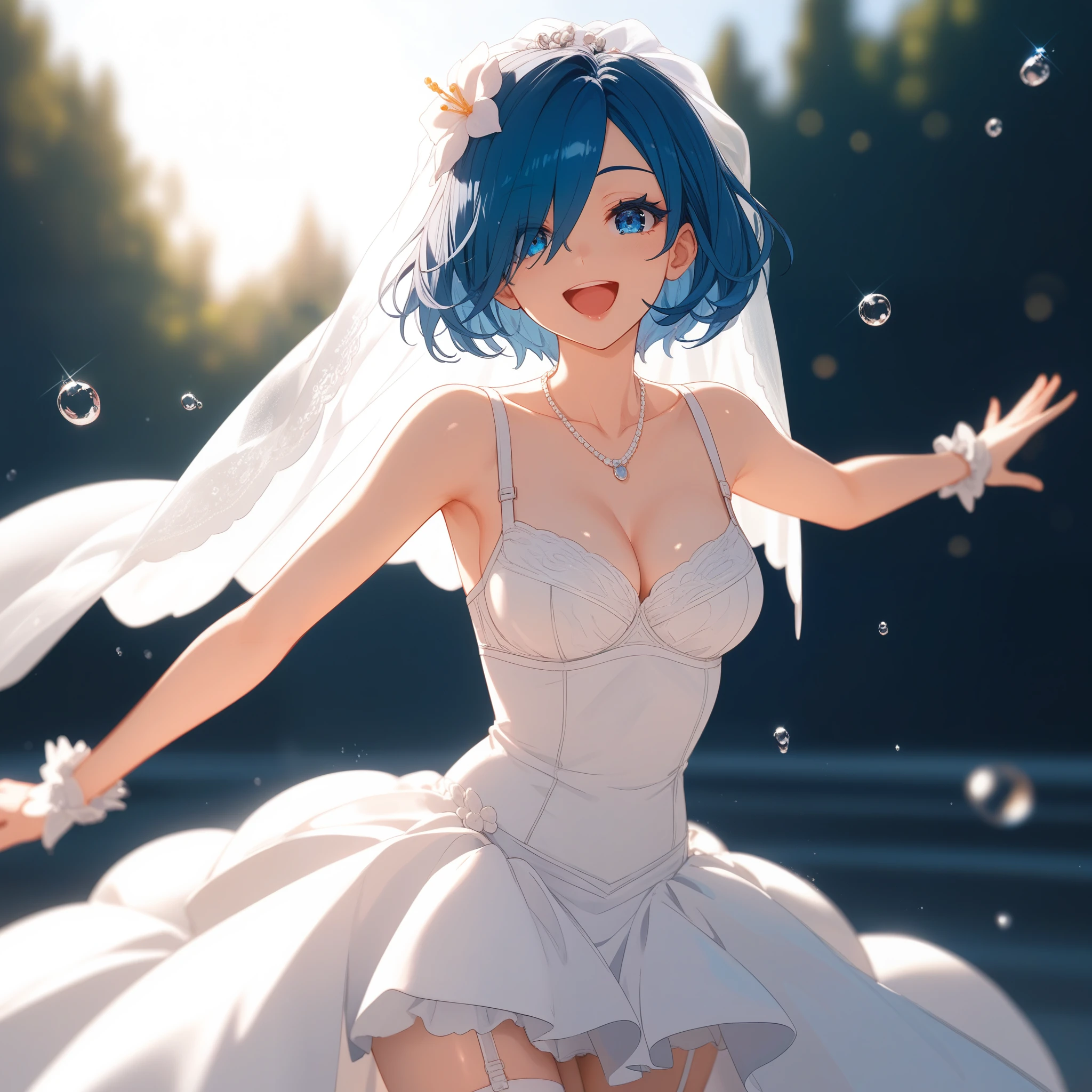 (score_9, score_8_up, score_8, score_9, ASCII score_9), (source_anime), (masterpiece best quality), (beautiful atmosphere), (depth field, 8K, UHD, high detail RAW color art, photo film maker), (sharp eyelid, sharp eyelashes, thick eyelashes, long eyelashes), (beautiful skin, beautiful face), (curvaceous figure), (perfect anatomy), (beautiful detailed face, beautiful oval face), (detailed embroidery), (sharp out line), (perfect hands), foreshortening, skin dentation, Visual Representation, sense of movement, detailed backgrounds, cinematic scene, looking at viewer, soft, smile, happy, soft lighting,
1girl, solo, horny, ccrem, short hair, blue hair, bridal veil, hair flower, hair over one eye, blue eyes, breasts, collarbone, necklace, bare shoulders, cleavage, white bra, white sleeves, microskirt, white skirt, garter straps, white thighhighs, outdoors, smile, happy, upper body, cowboy shot, head out of frame, spread one's arms, gentle spring breeze, Rotating Dance with Cane, colored lighting, natural lighting, full shot, dramatic lighting, a beautiful memorable moment, super wide Angle, intense angle, particles, open mouth, portrait, water drop, dynamic pose, beautiful memorable moment,