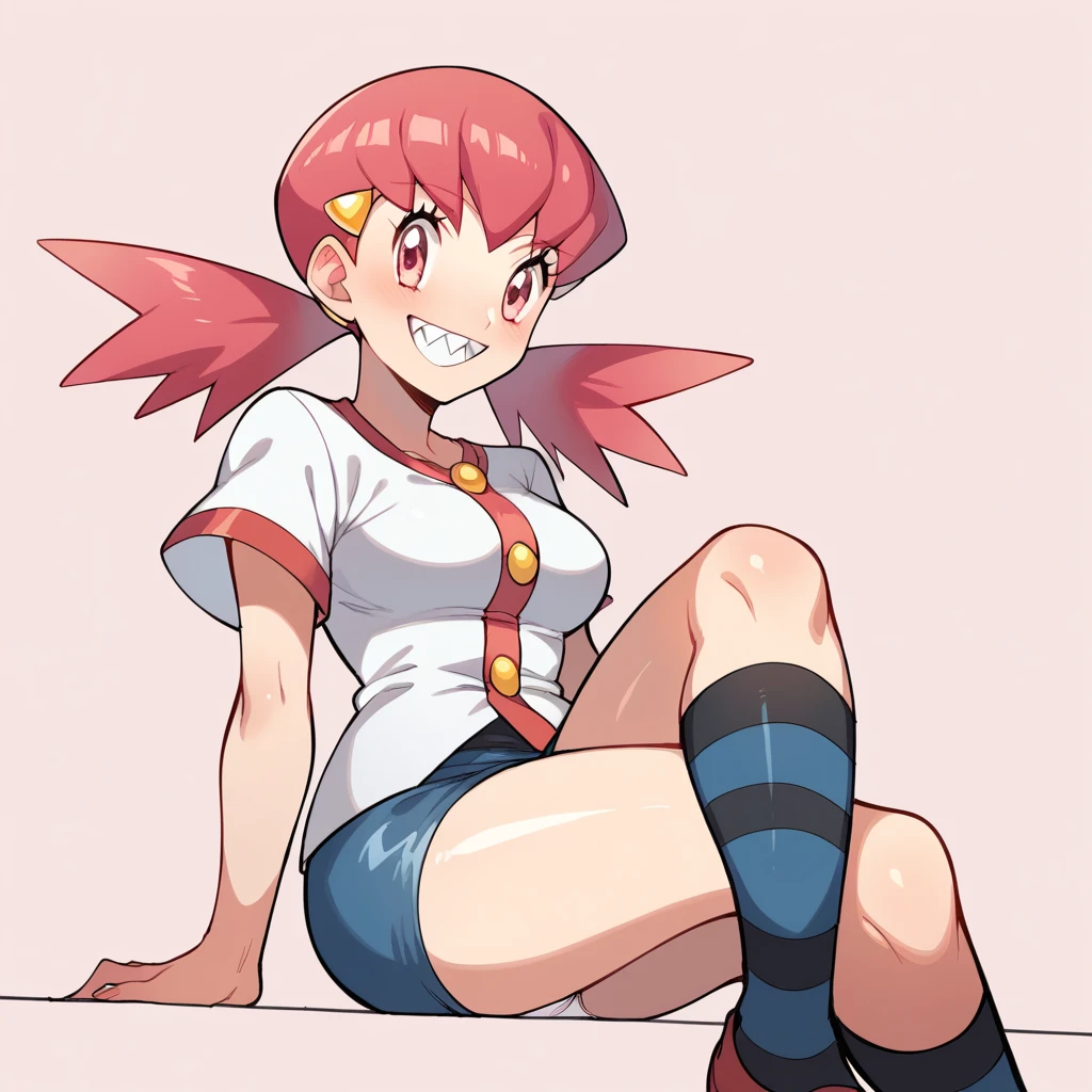 score_9, score_8_up, score_7_up, defwhitney, whitney \(pokemon\), 1girl, arm support, blush, smile, teeth, cartoon teeth, sharp teeth, breasts, buttons, 3 bottons, crossed legs, eyelashes, hair ornament, hairclip, jacket, long hair, pink eyes, pink hair, short skirt, short sleeves, skirt, denim skirt, sitting, socks, solo, striped clothes, tight skirt, striped socks, twintails, white jacket, tick thighs, shiny skin, pink background, underwear, white underwear, clear underwear, panties, white panties, mesh panties, clear panties, perfect crossed legs, perfect legs, perfect thighs, perfect stripes, sexy legs, oiled thighs, oiled legs,