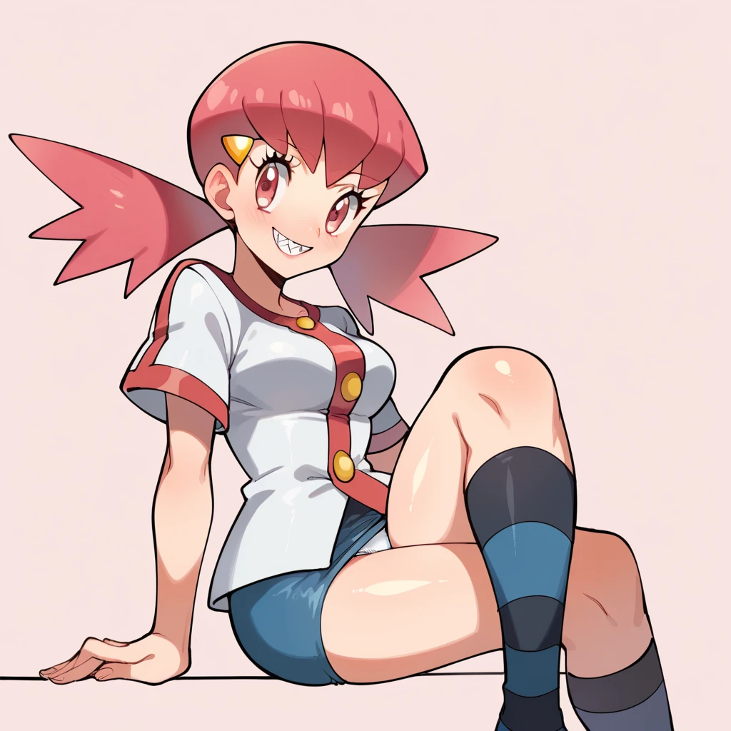 score_9, score_8_up, score_7_up, defwhitney, whitney \(pokemon\), 1girl, arm support, blush, smile, teeth, cartoon teeth, sharp teeth, breasts, buttons, 3 bottons, crossed legs, eyelashes, hair ornament, hairclip, jacket, long hair, pink eyes, pink hair, short skirt, short sleeves, skirt, denim skirt, sitting, socks, solo, striped clothes, tight skirt, striped socks, twintails, white jacket, tick thighs, shiny skin, pink background, underwear, white underwear, clear underwear, panties, white panties, mesh panties, clear panties, perfect crossed legs, perfect legs, perfect thighs, perfect stripes, sexy legs, oiled thighs, oiled legs,