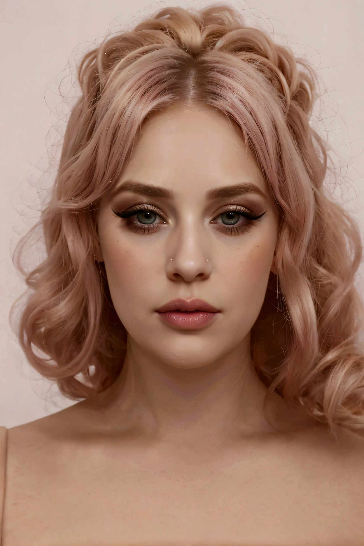 girl 27 years old, gray eyes, pink lips, big eyelashes, hair color - blond closer to white.