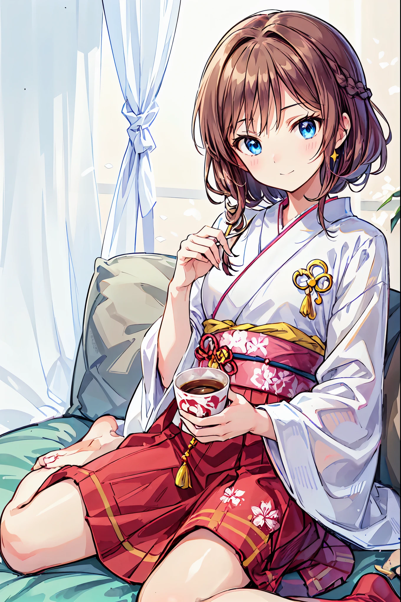 There is a young girl holding a cup of coffee in her hand., Pretty girl - well-groomed face, Cute natural anime face, Cute - Well-balanced - Face, Sakimi-chan, Chiho, Yoshitomo Nara, Young and pretty face, Beautiful Japanese girl face, Brown Hairで大きな目, Cute Cute Girl, Beautiful bright big eyes，Brown Hair，Shortcuts，Messy Hair，Short braided hair，Neat，Slender beauty，A dignified posture，Small chest，Beautiful feet，Her captivating grey-blue eyes shine like stars，Vibrant colors,Beautiful Eyes,A delicate smile,Textured Skin,The best quality at its best,A kind and beautiful woman,Anime Style､