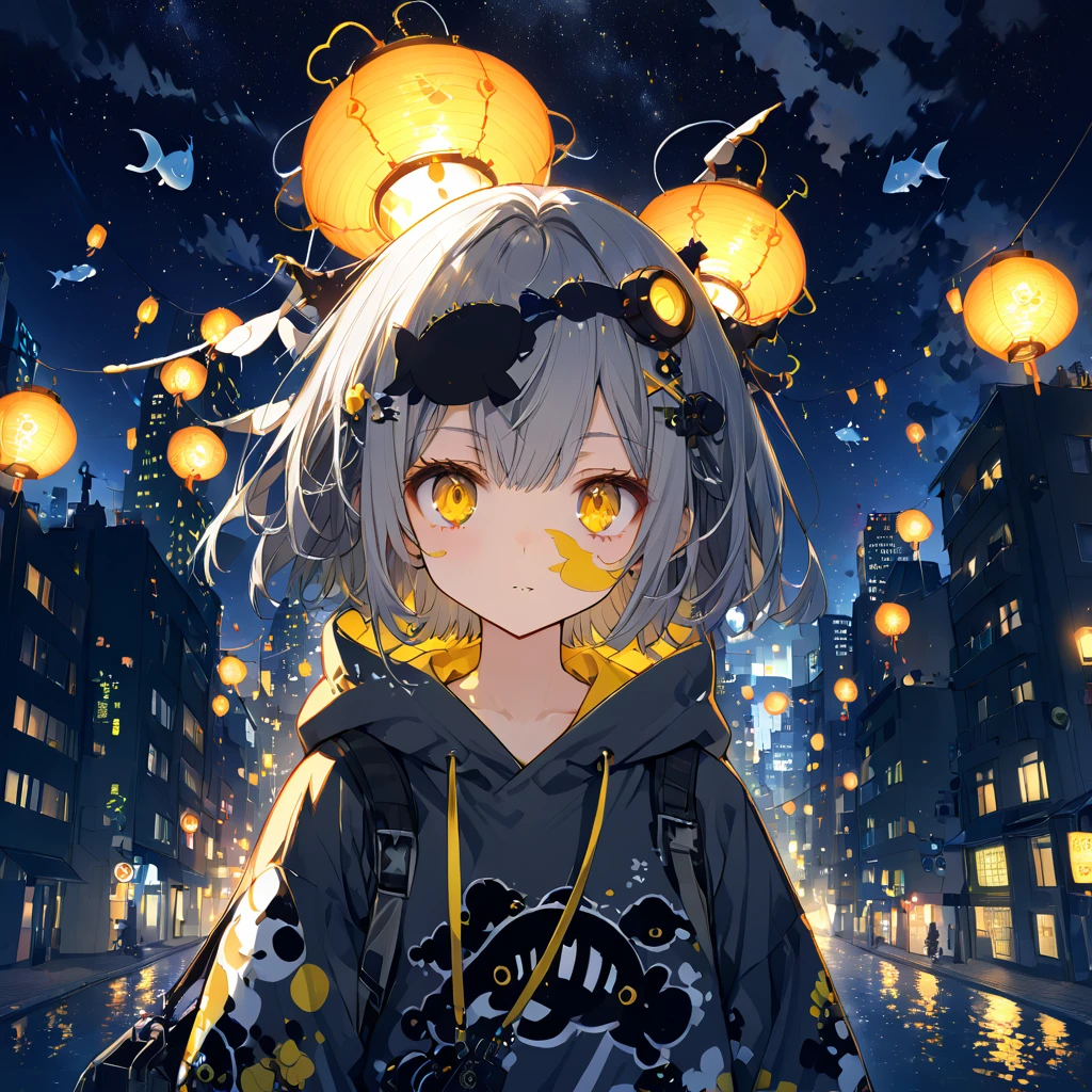 A girl wearing a lantern-shaped anglerfish hoodie、Glowing antennae on head、Yellow Eyes、Gray Hair、Night City、