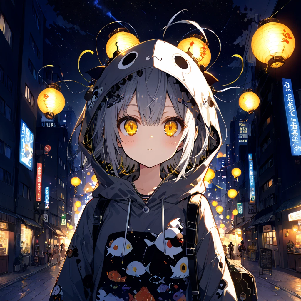 A girl wearing a lantern-shaped anglerfish hoodie、Glowing antennae on head、Yellow Eyes、Gray Hair、Night City、