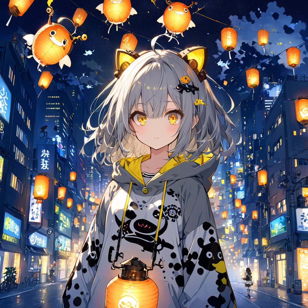 A girl wearing a lantern-shaped anglerfish hoodie、Glowing antennae on head、Yellow Eyes、Gray Hair、Night City、