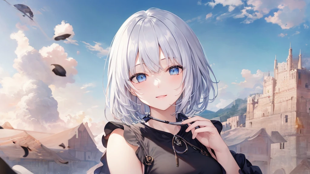 Ultra HD,Look at the viewers, and, 20 years old, 非常にShort Hair, Long bangs between the eyes, Pale blue eyes, Very detailed,(masterpiece、Best Quality),Gray Hair、Laughter、wonderful, Silver Hair, iris, Small face、明るいsmile、(Detailed face) ,Professional Lighting,wonderful風景,blue sky, sunlight,Portraiture、Open your mouth、、Her eyes were shining、Mysterious and enchanting atmosphere。AI Painting、andてもShort Hair, Long bangs between the eyes, Very detailed,(masterpiece、Best Quality)、Alone、Gray Hair、Fantasy, Silver Hair, Fantasyな風景、smile、Open your mouth、Short Hair、hairpin、Beautiful Eyes、Black Shirt、White hoodie、Anime Eyes