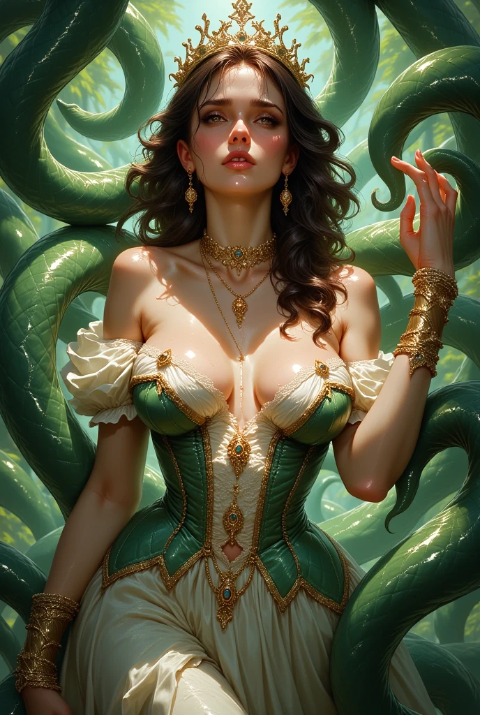 Woman, princess, royal dress, jewellery, crown, bound by green tentacles
