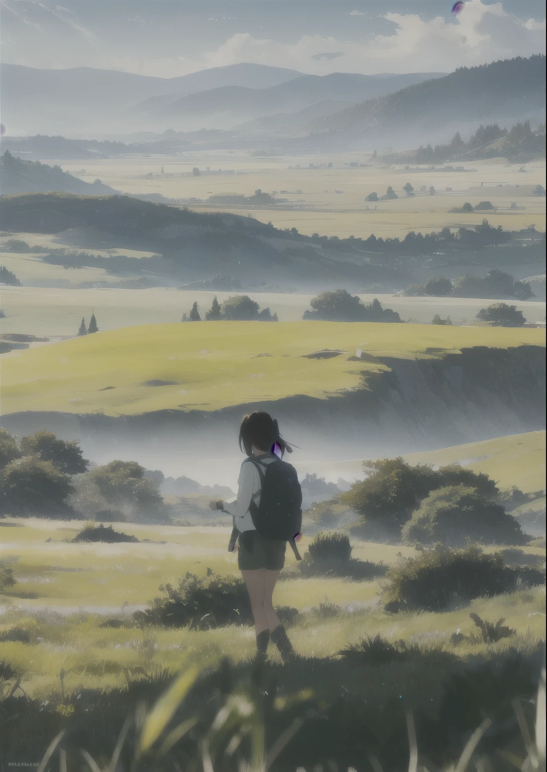 Vast sky、the beautiful skyline、Large grasslands、extremely tense and dramatic pictures、the moving visual effects、high hanging Polaris、and colorful natural light。And a girl with a backpack。(Naked:1.4)