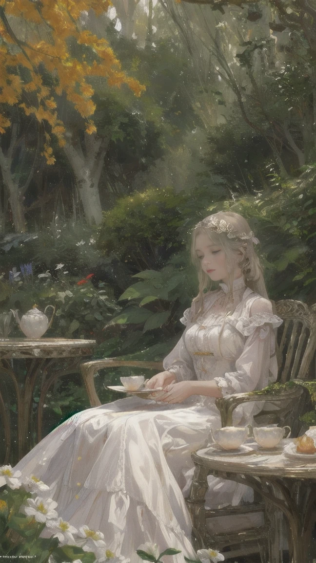 A serene, warm-toned scene asy illustration style with influences of impressionism and Art Nouveau. A sophisticated woman with pale blonde hair is sitting at a sunlit table in a lush, overgrown garden. She is elegantly dressed in a white Victorian-inspired outfit, sipping tea from a delicate cup. A black cat sits on the table beside her, with tea sets, teapots, and cups placed around. The setting is bathed in golden light, with shadows and dappled sunlight creating a magical, tranquil atmosphere. The background is filled with vines, flowers, and abstract shapes, blending into the warm light of the setting sun.