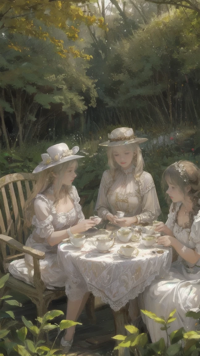 A serene, warm-toned scene asy illustration style with influences of impressionism and Art Nouveau. A sophisticated woman with pale blonde hair is sitting at a sunlit table in a lush, overgrown garden. She is elegantly dressed in a white Victorian-inspired outfit, sipping tea from a delicate cup. A black cat sits on the table beside her, with tea sets, teapots, and cups placed around. The setting is bathed in golden light, with shadows and dappled sunlight creating a magical, tranquil atmosphere. The background is filled with vines, flowers, and abstract shapes, blending into the warm light of the setting sun.