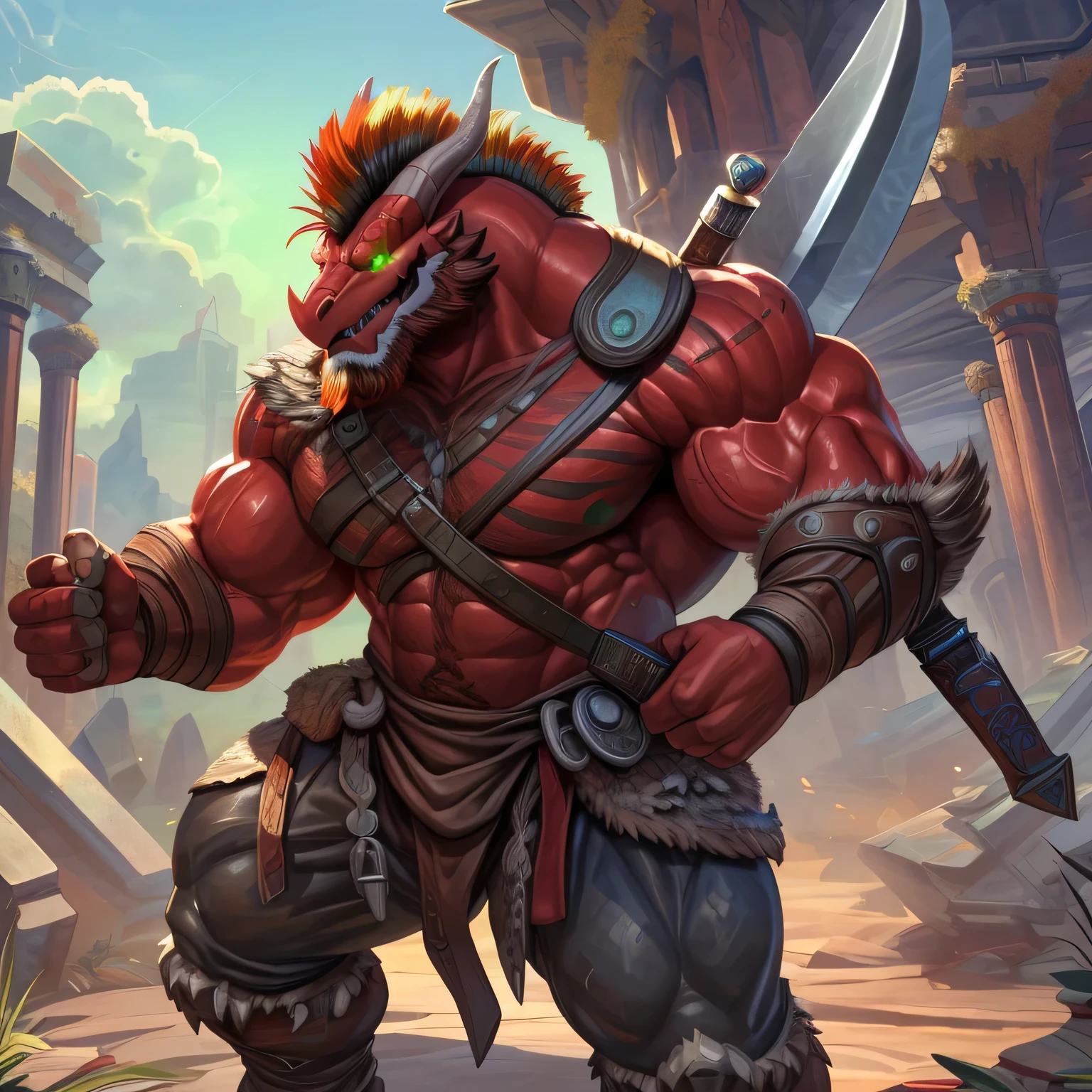 An anthropomorphic badass futuristic barbarian dragon (realistic, detailed, american shot, aesthetic physique, aesthetic proportions, 2 meters tall, thick large muscles, very strong body, muscle mountain, very massive physique, well-built body, very hairy, very hairy arms, brown hair, red body, dragon head (dragon head, brown thick full mustache, brown thick trimmed full beard, brown thick mohawk hairstyle, bright green glowing eyes, red skin) red skin, wears a futuristic grey armored barbarian pant, wears futuristic black barbarian boots, fighting position, holds a giant sword in his hands) standing in fighting position, holds a giant sword in his hands, in a combat field near a futuristic temple near futuristic ruins.