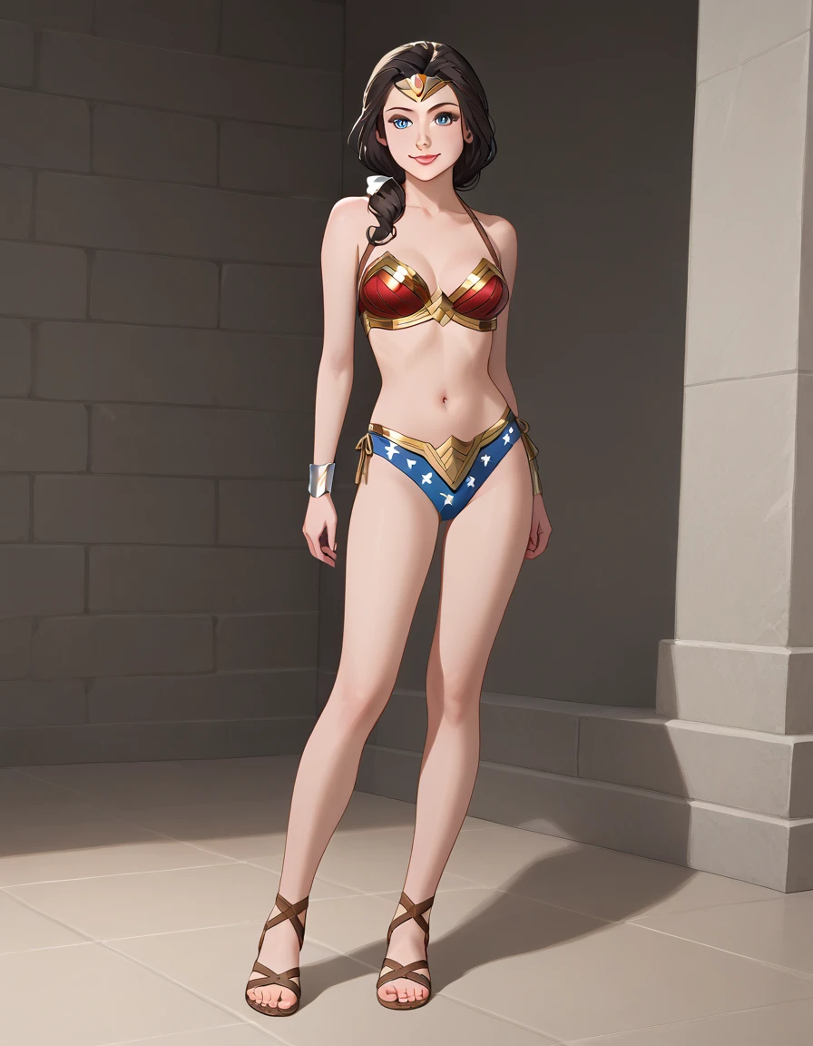 ((full body shot, standing, feet on the ground)) Wonder Woman, masterpiece, best quality, highly detailed, score_9, score_8_up, score_7_up, score_6_up, anime font,BREAK, 1girl, solo, bikini, long hair , blue eyes, flower , hair tie, breasts, bow, lying on the floor, looking at viewer, freckles, parted lips, watermark, smile, full body, red lips, lips, leather ballet slipper, sideways, on a bed inside a prison cell, tied with natural rope, feet together, knees together, elbows together, feet connected to shoulders, side shot. She looks at you, your gauze hurts, gladiator sandal boots: 1.6

