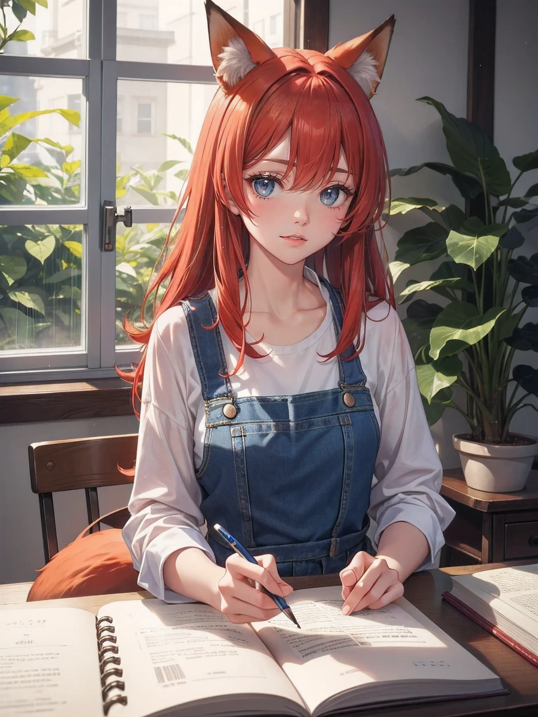 “A charming red-haired fox girl (1.3) with long, flowing red hair (1.4), attentive fox ears, and a bushy fox tail (1.3). She has radiant blue eyes (1.3) that contrast beautifully with her hair, giving her a lively and expressive look. She wears a denim overall with a white T-shirt underneath (1.3), fitting comfortably and highlighting her casual yet adorable style. She is seated at a wooden desk, writing in a notebook (1.4), with a focused yet gentle expression. The scene is captured in a cozy, Lo-Fi style (1.4), with soft lighting and a warm atmosphere. Behind her, a large window reveals a rainy day outside (1.3), with raindrops streaming down the glass, adding a soothing and peaceful vibe. The room is warmly lit, with subtle shadows and reflections from the soft indoor lighting, creating a relaxing ambiance. The background is detailed, featuring a few personal touches like books, a small potted plant on the desk, and the gentle sound of r“A charming red-haired fox girl (1.3) with long, flowing red hair (1.4), attentive fox ears, and a bushy fox tail (1.3). She has radiant blue eyes (1.3) that contrast beautifully with her hair, giving her a lively and expressive look. She wears a denim overall with a white T-shirt underneath (1.3), fitting comfortably and highlighting her casual yet adorable style. She is seated at a wooden desk, writing in a notebook (1.4), with a focused yet gentle expression. The scene is captured in a cozy, Lo-Fi style (1.4), with soft lighting and a warm atmosphere. Behind her, a large window reveals a rainy day outside (1.3), with raindrops streaming down the glass, adding a soothing and peaceful vibe. The room is warmly lit, with subtle shadows and reflections from the soft indoor lighting, creating a relaxing ambiance. The background is detailed, featuring a few personal touches like books, a small potted plant on the desk, and the gentle sound of rain against the window, adding depth and atmosphere to the scene (1.4).”



Beste Qualität, 