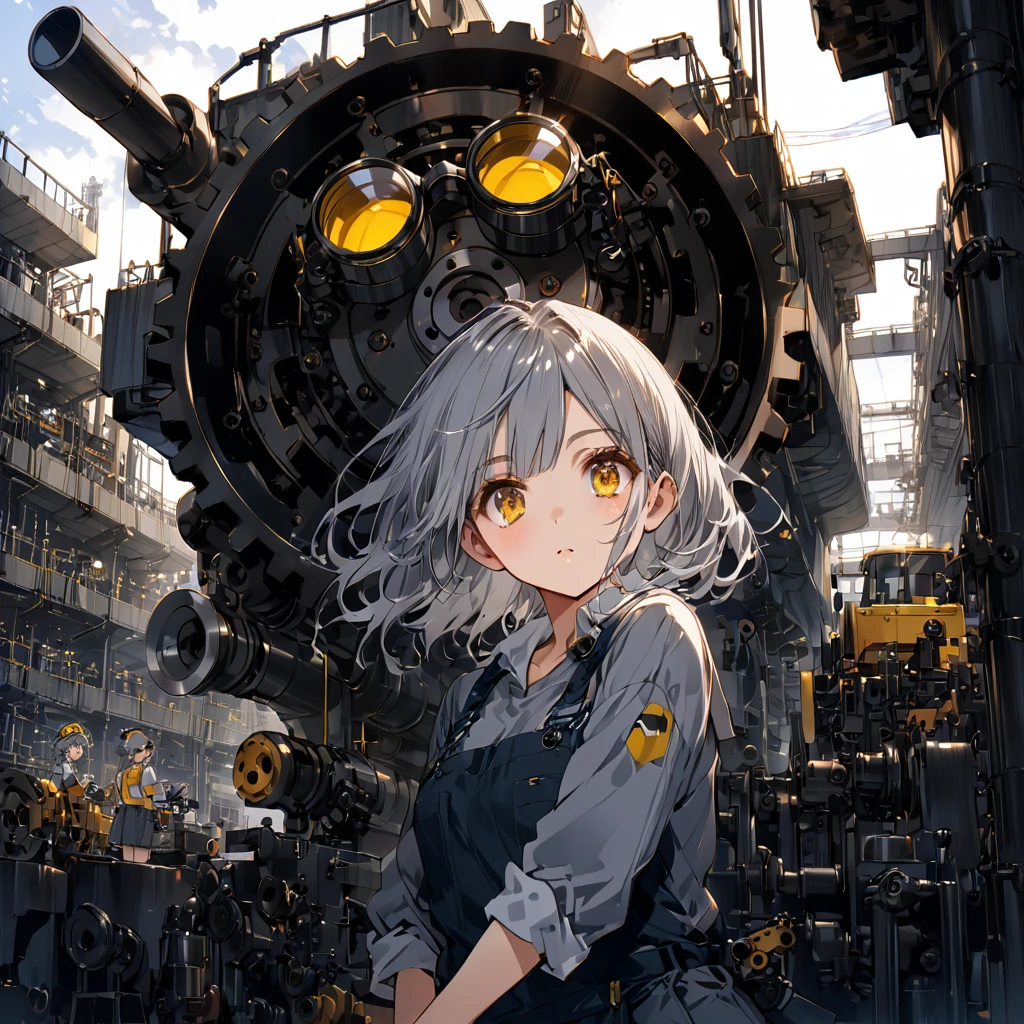 A girl wearing gray work clothes、Big goggles on the head、Yellow Eyes、Gray Hair、Machine shop、Complex piping、((Repairing large machinery))