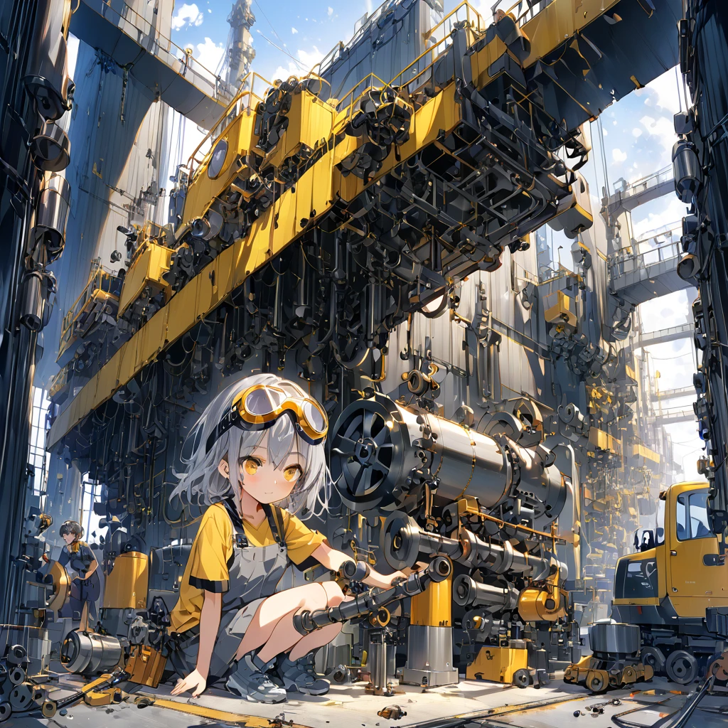 A girl wearing gray work clothes、Big goggles on the head、Yellow Eyes、Gray Hair、Machine shop、Complex piping、((Repairing large machinery))