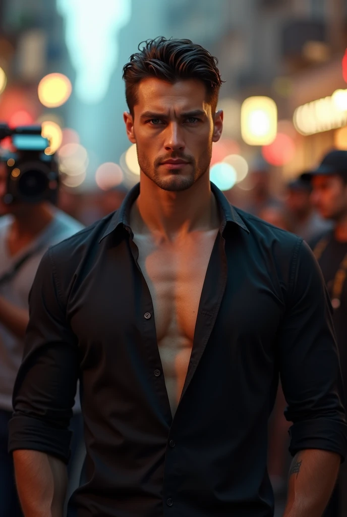 CREATE A MUSCULAR WHITE MAN RAISING HIS ARM FORWARD AND UP WITH HIS HAND OPEN AND STRAIGHT, wearing a black overcoat