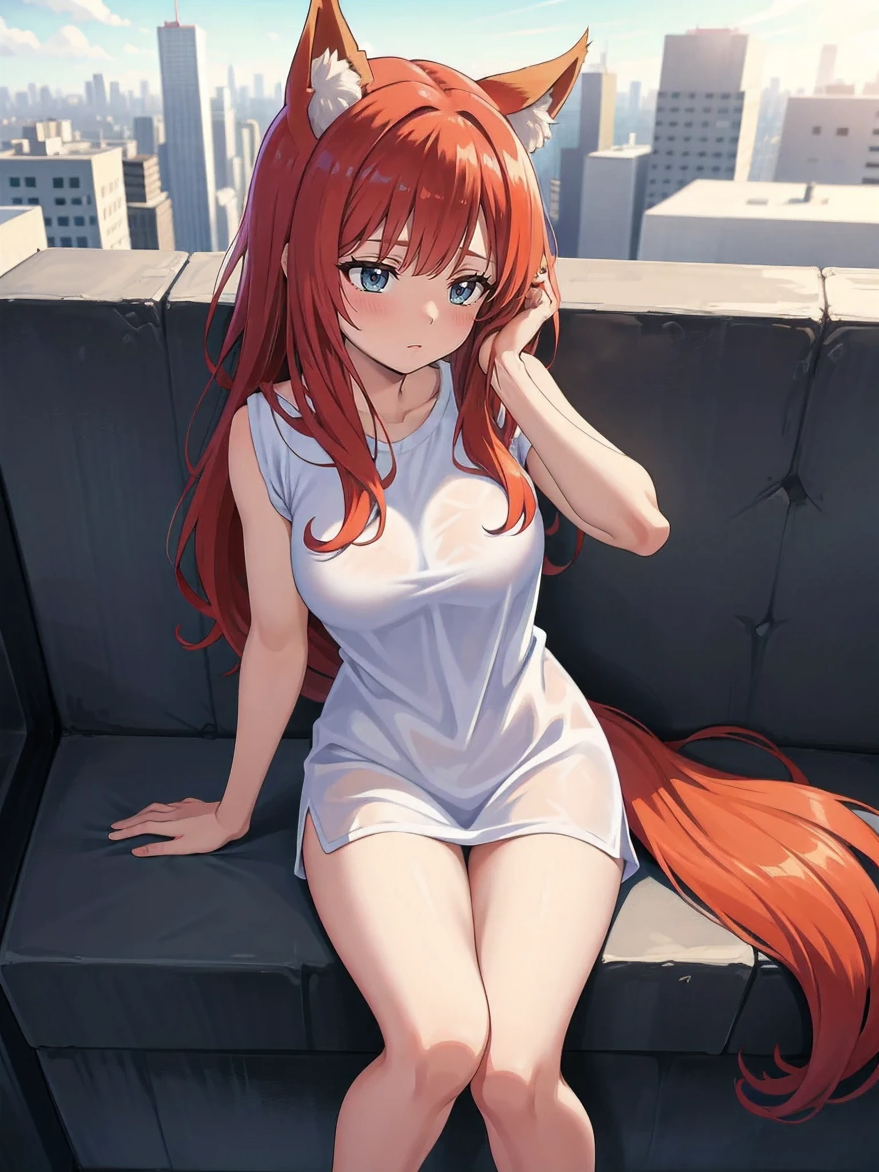 A cozy balcony in a modern cityscape. The balcony is stylishly furnished and offers an impressive view of the city. The atmosphere is relaxed and peaceful, with a warm, late afternoon sunlight, that illuminates the scenery.
A sweet, pretty fox girl aged 21 sitting on a comfortable chair on the balcony. 
The fox girl has long, shiny red hair, which fall in soft waves over her shoulders and back. Her hair has a slight golden shimmer in the sunlight. Two cute fox ears protrude from her hair, which are covered with soft fur and underline their natural grace.
Her eyes are large and bright blue, radiate joy and vitality and immediately attract attention. Her eyes reflect the light and give her gaze depth and expressiveness.
She wears an oversized, white t-shirt, that fits loosely and comfortably. The T-shirt may have a simple print or remain pure white, to emphasize the casual mood. She wears black tracksuit pants, which also fits comfortably and loosely. She is barefoot, which contributes to the relaxed and informal atmosphere.
The fox girl sits playfully on the chair, perhaps with one leg bent and the other leg hanging loosely. One hand rests casually on the armrest of the chair, while the other hand plays in her hair or lightly touches her chin. Her facial expression is flirtatious and cheerful, with a wide, radiant smile, that shows her joy and lightheartedness. Their ears are erect and alert, which emphasizes her playful nature.
The balcony offers a wide view of the city. Modern skyscrapers and buildings can be seen in the distance, some with reflective glass facades, that capture the sunlight. The city seems alive, but the sounds are muffled, so that the calm of the Balk, (full body focus)


