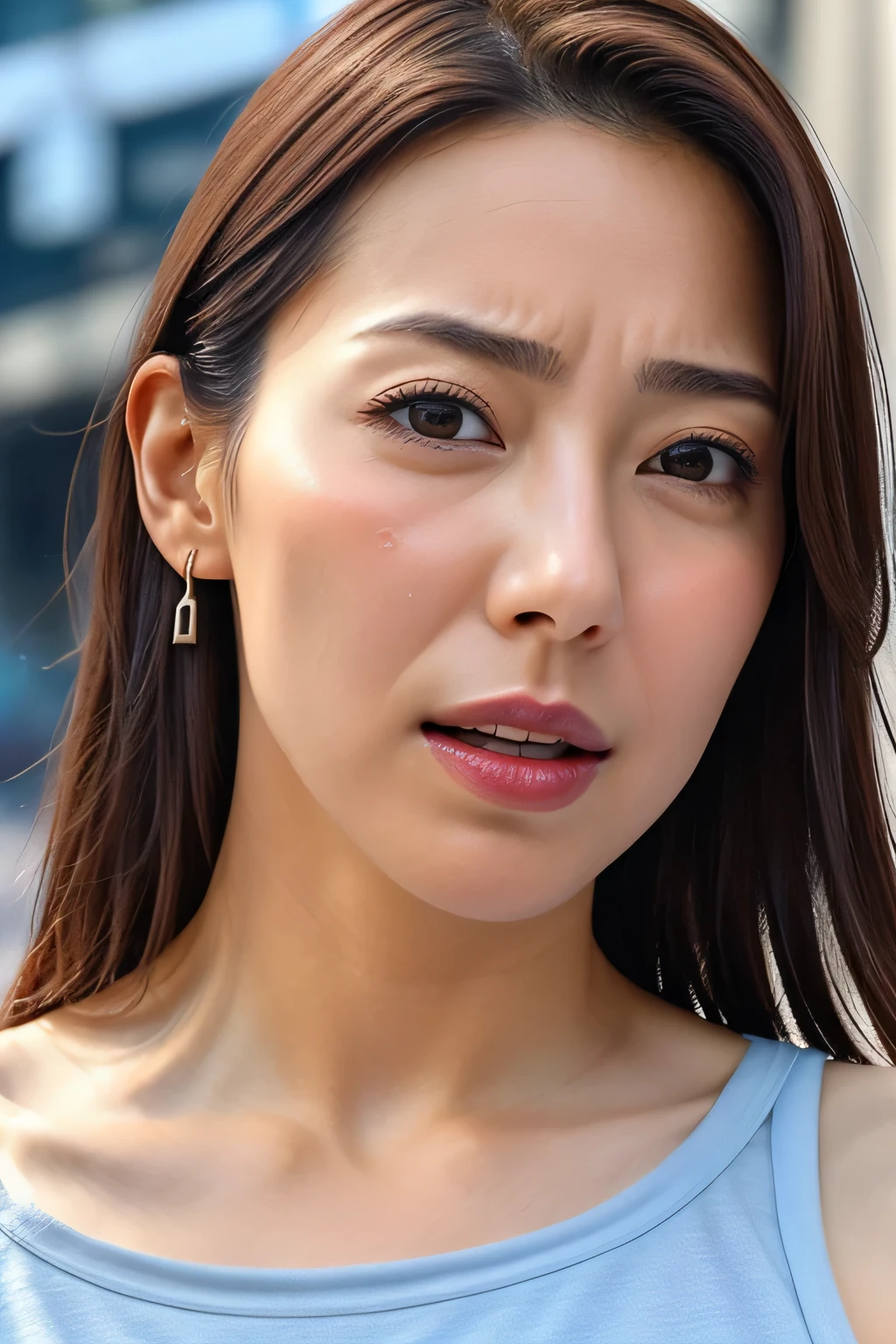 Beautiful Japanese actresses,1 girl,Flying debris,,Award-winning photo, Very detailed, Focus your eyes, Nose and mouth,Face Focus, extreme close up of face、 Age 35,Brown Hair、Symmetrical face,Realistic nostrils、Angle from below、Elongated C-shaped nostrils,(Sharp Nose)Sweaty skin、Shiny skin,(Brow wrinkles))（Cum on tongue)、((Thin eyebrows))Oily skin、Glowing Skin、double eyelid、、Beautiful woman、Medium Hair、Shortcuts、Tank tops,I can see the sky、Shibuya Center Street、(((Show your side,throw))),Raise your eyebrows, (((Hold your mouth, Frowning, Crazy, Frowning))), Textured Skin,Long upper arms,((Open your eyes and cry, , Drunk, The face of patience))Squat,Large Breasts,((Always raise your arms、Please expose your armpits))Long arms,Frowningをする,odor, Stimulate, sad, sleepy, Frowning, The face of durability((furrowed brow, raised eyebrows, frown))