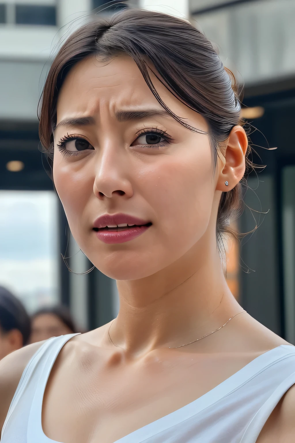 Beautiful Japanese actresses,1 girl,Flying debris,,Award-winning photo, Very detailed, Focus your eyes, Nose and mouth,Face Focus, extreme close up of face、 Age 35,Brown Hair、Symmetrical face,Realistic nostrils、Angle from below、Elongated C-shaped nostrils,(Sharp Nose)Sweaty skin、Shiny skin,(Brow wrinkles))（Cum on tongue)、((Thin eyebrows))Oily skin、Glowing Skin、double eyelid、、Beautiful woman、Medium Hair、Shortcuts、Tank tops,I can see the sky、Shibuya Center Street、(((Show your side,throw))),Raise your eyebrows, (((Hold your mouth, Frowning, Crazy, Frowning))), Textured Skin,Long upper arms,((Open your eyes and cry, , Drunk, The face of patience))Squat,Large Breasts,((Always raise your arms、Please expose your armpits))Long arms,Frowningをする,odor, Stimulate, sad, sleepy, Frowning, The face of durability((furrowed brow, raised eyebrows, frown))