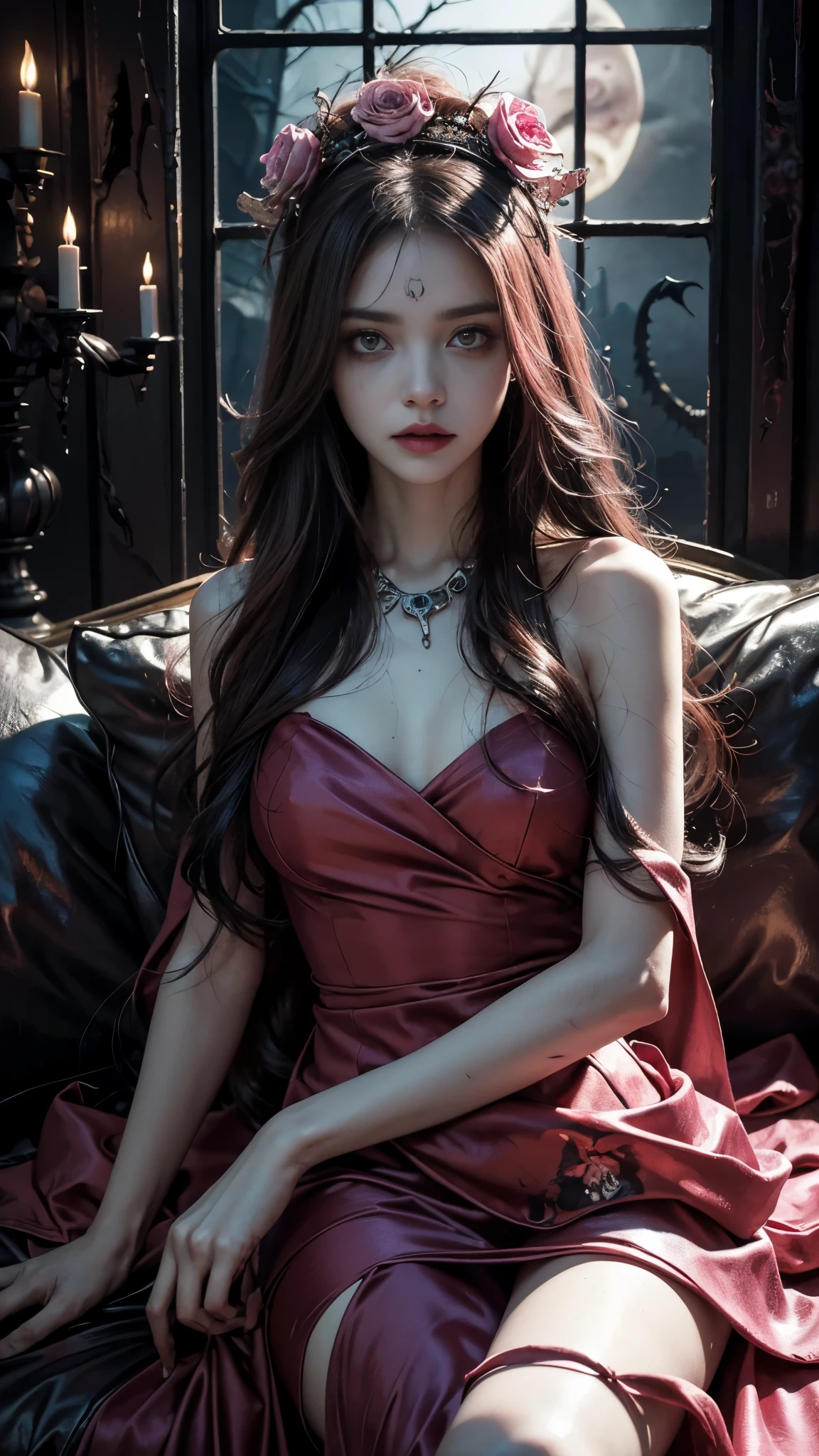 maiden, duelist, sparkling eyes, thoughtful face, red hair, manga, inspired, fighting with a sword, long silk black dress, red ruby necklace, vibrant coverage, painted nails, garden, imagination, fighting scene, magical girl, mahou shoujo, kissable lips, cleavage, big breasts