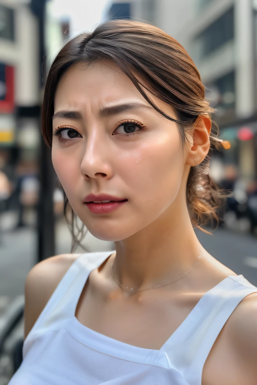 Beautiful Japanese actresses,1 girl,Flying debris,,Award-winning photo, Very detailed, Focus your eyes, Nose and mouth,Face Focus, extreme close up of face、 Age 35,Brown Hair、Symmetrical face,Realistic nostrils、Angle from below、Elongated C-shaped nostrils,(Sharp Nose)Sweaty skin、Shiny skin,(Brow wrinkles))(Cum on tongue)、((Thin eyebrows))Oily skin、Glowing Skin、double eyelid、、Beautiful woman、Medium Hair、Shortcuts、Tank tops,I can see the sky、Shibuya Center Street、(((Show your side,throw))),Raise your eyebrows, (((Hold your mouth, Frowning, Crazy, Frowning))), Textured Skin,Long upper arms,((Open your eyes and cry, , Drunk, The face of patience))Squat,Large Breasts,((Always raise your arms、Please expose your armpits))Long arms,Frowningをする,odor, Stimulate, sad, sleepy, Frowning, The face of durability((furrowed brow, raised eyebrows, frown))