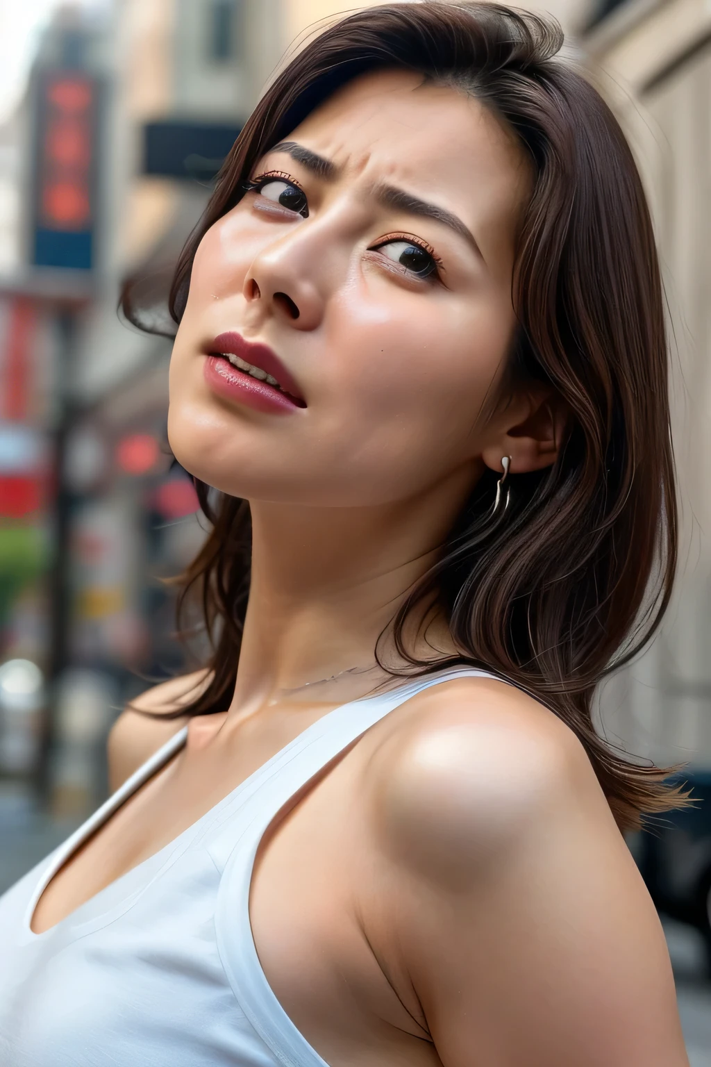 Beautiful Japanese actresses,1 girl,Flying debris,,Award-winning photo, Very detailed, Focus your eyes, Nose and mouth,Face Focus, extreme close up of face、 Age 35,Brown Hair、Symmetrical face,Realistic nostrils、Angle from below、Elongated C-shaped nostrils,(Sharp Nose)Sweaty skin、Shiny skin,(Brow wrinkles))（Cum on tongue)、((Thin eyebrows))Oily skin、Glowing Skin、double eyelid、、Beautiful woman、Medium Hair、Shortcuts、Tank tops,I can see the sky、Shibuya Center Street、(((Show your side,throw))),Raise your eyebrows, (((Hold your mouth, Frowning, Crazy, Frowning))), Textured Skin,Long upper arms,((Open your eyes and cry, , Drunk, The face of patience))Squat,Large Breasts,((Always raise your arms、Please expose your armpits))Long arms,Frowningをする,odor, Stimulate, sad, sleepy, Frowning, The face of durability((furrowed brow, raised eyebrows, frown))