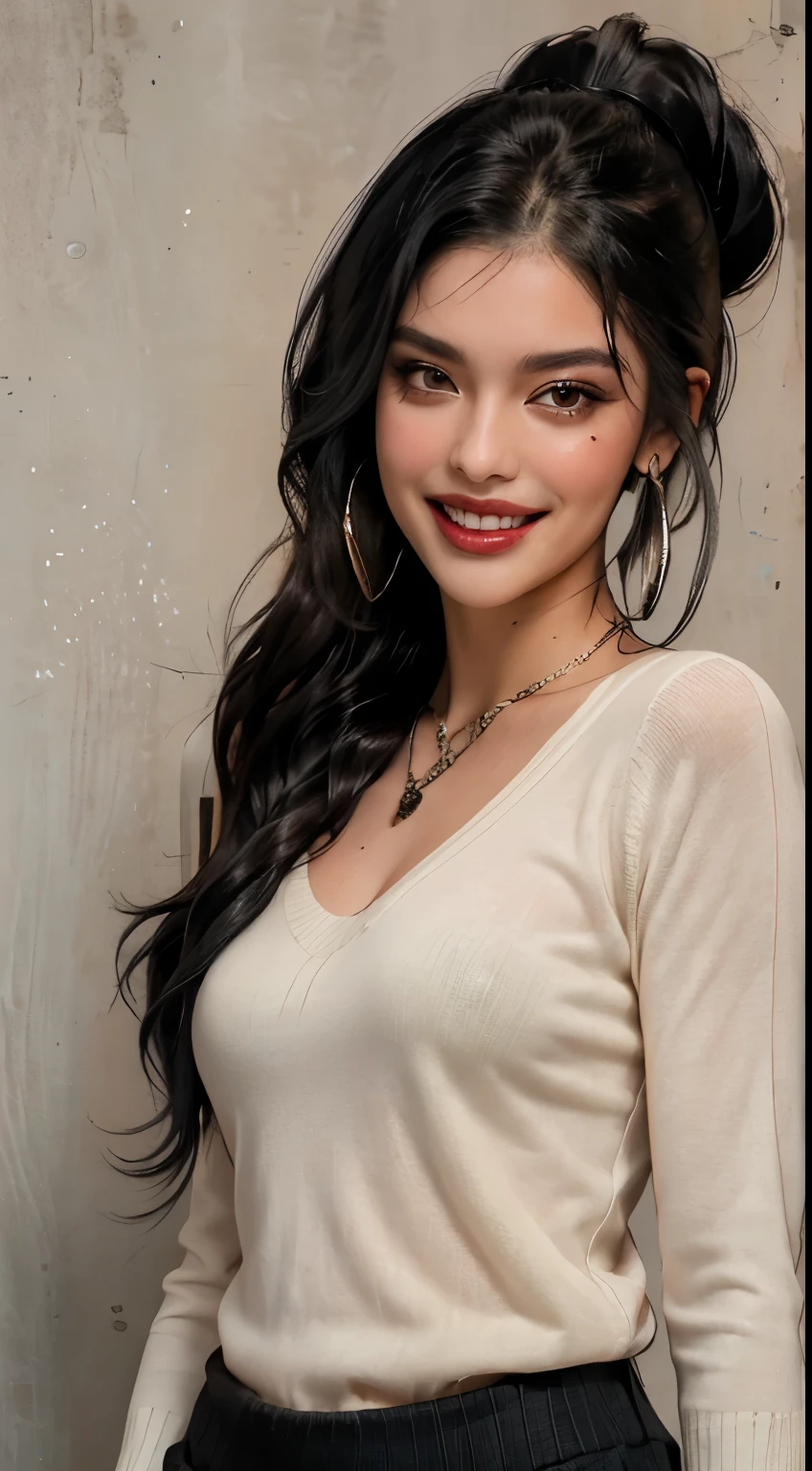 Amazing portrait of a sexy woman wearing her luscious black hair in a cute ponytail, seductively gazing and smiling, soft lips, parted, blushing intensely, smiling, dark green sweater, cream cargo pants, medium chest, perfect body