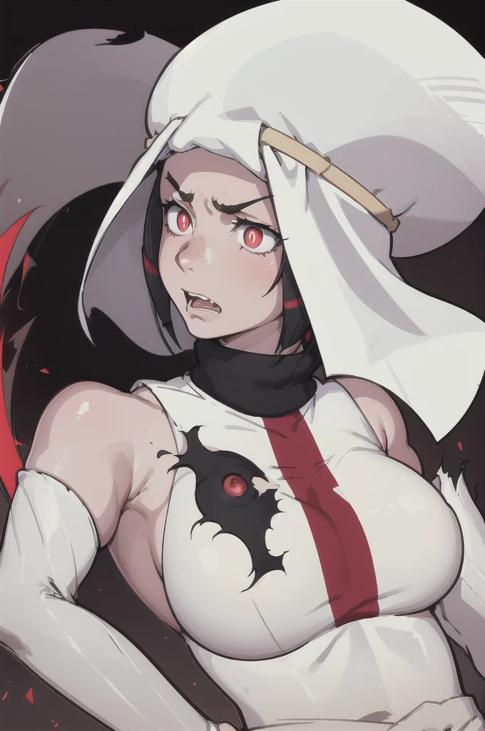 masterpiece, best quality,  ffArrow, white headwear, red and white leotard, short black sleeves , black tights, fingerless gloves, clamps, big breasts, Torn clothes, sleeveless, chest side, clenched his teeth, panting sweating frowning brow, upper body, eyes with pupil shaped like Jack-o challenge pose symbol 