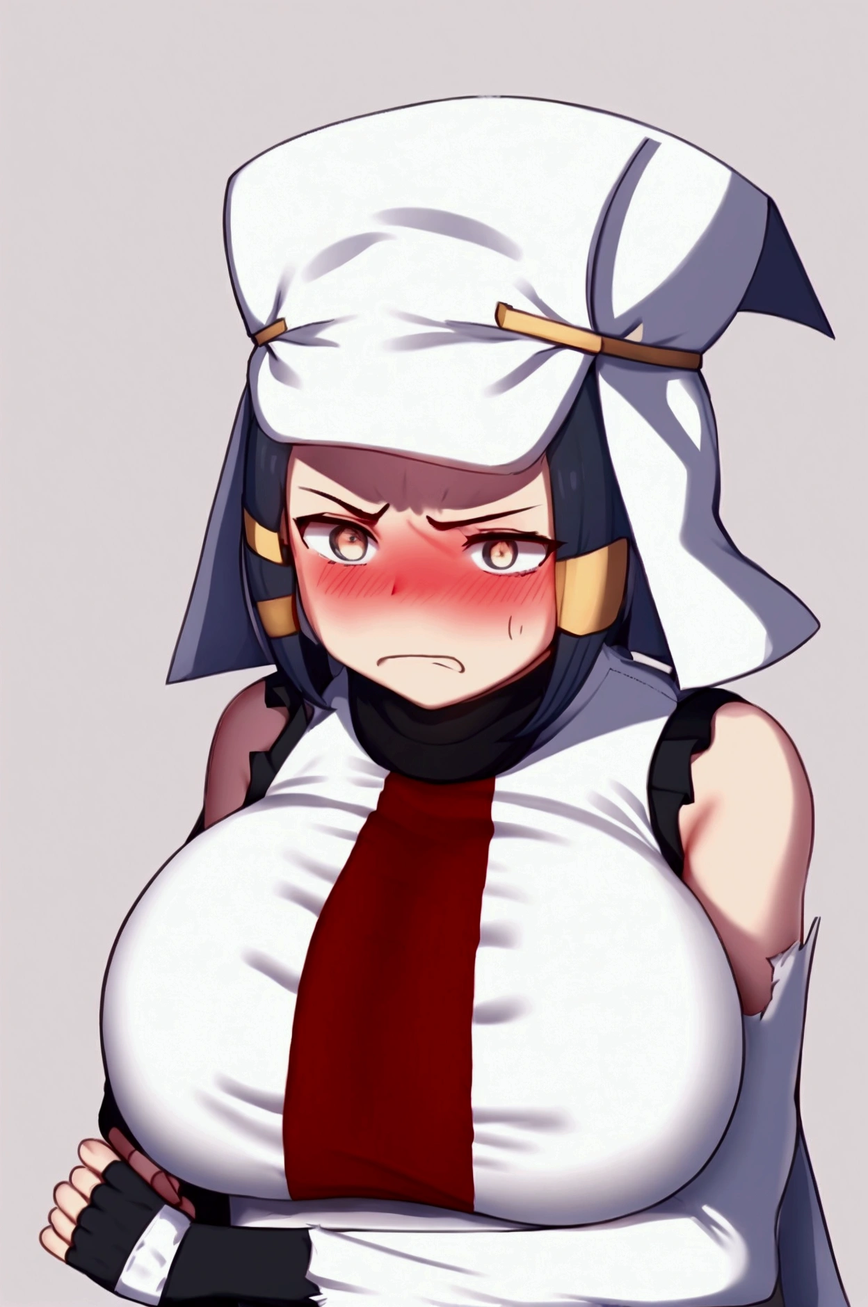 masterpiece, best quality,  ffarrow, white headwear, red and white dress, long black sleeves, black pantyhose, fingerless gloves, vambraces, large breasts, torn clothes, sleeveless, sideboob, clenched teeth, blush, furrowed brow, upper body, symbol-shaped pupils