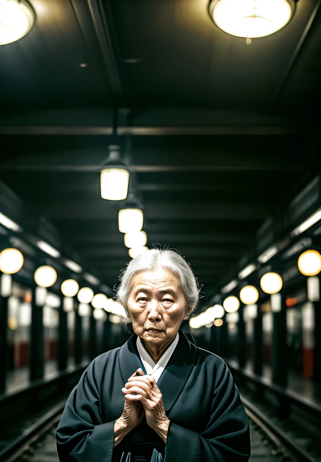 modern,Professional portrait of an older Japanese woman, Gray Hair, Modern Japanese station platform, White Eyes, ショック512 メジロan old Japanes woman in the middle of a Japanes train station with the words "don't blame me" on her face, alone, 1girl, red eyes, male focus,Chaos,darkness,Creature looking at camera in front、Modern Japanese 80 year old's outfit、Open your mouth a little