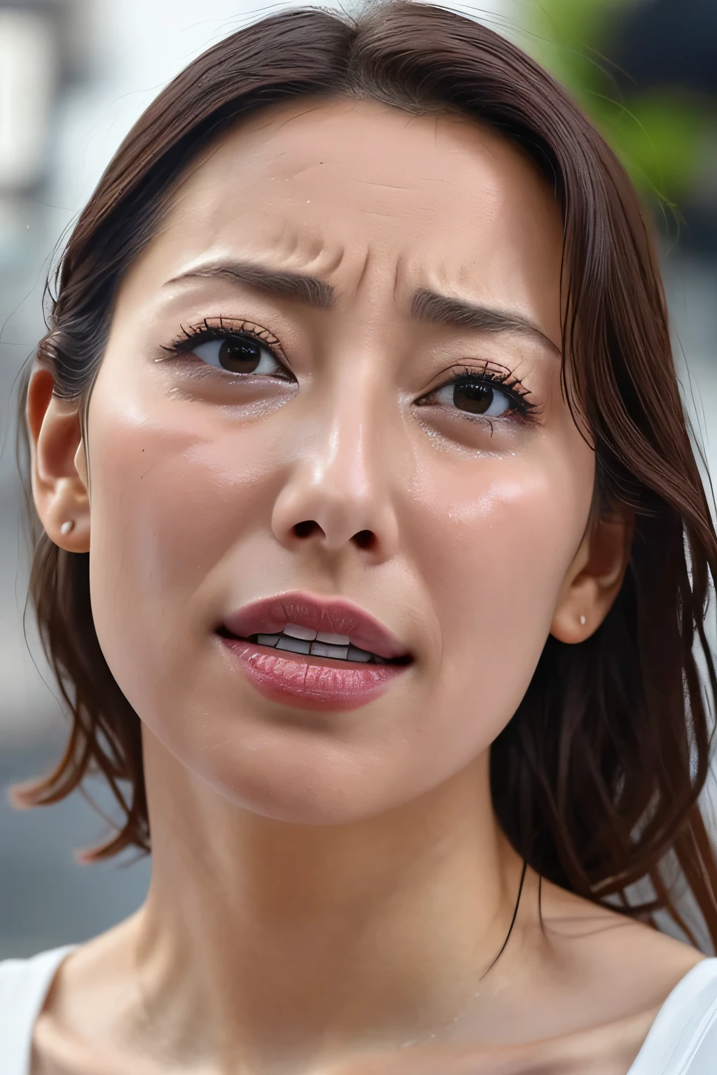 Beautiful Japanese actresses,1 girl,Flying debris,,Award-winning photo, Very detailed, Focus your eyes, Nose and mouth,Face Focus, extreme close up of face、 Age 35,Brown Hair、Symmetrical face,Realistic nostrils、Angle from below、Elongated C-shaped nostrils,(Sharp Nose)Sweaty skin、Shiny skin,(Brow wrinkles))（Cum on tongue)、((Thin eyebrows))Oily skin、Glowing Skin、double eyelid、、Beautiful woman、Medium Hair、Shortcuts、Tank tops,I can see the sky、Shibuya Center Street、(((Show your side,throw))),Raise your eyebrows, (((Hold your mouth, Frowning, Crazy, Frowning))), Textured Skin,Long upper arms,((Open your eyes and cry, , Drunk, The face of patience))Squat,Large Breasts,((Always raise your arms、Please expose your armpits))Long arms,Frowningをする,odor, Stimulate, sad, sleepy, Frowning, The face of durability((furrowed brow, raised eyebrows, frown))