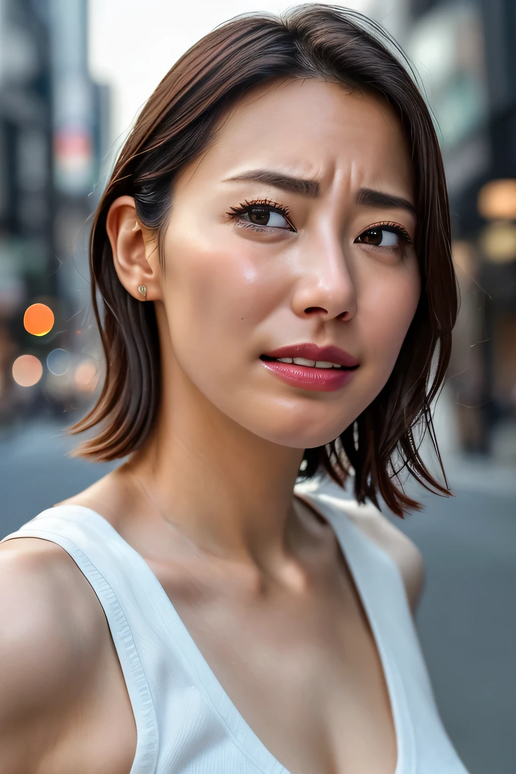 (((anger)))、Angry eyes、Angry eyebrows、Angry mouth、menacing、beste Quality、in 8K、masterspiece:1.3、Sharp focus:1.2、Woman with perfect body shape:1.4、Realistic rays、Button shirt、Female Parliamentarians、short-hair、cars