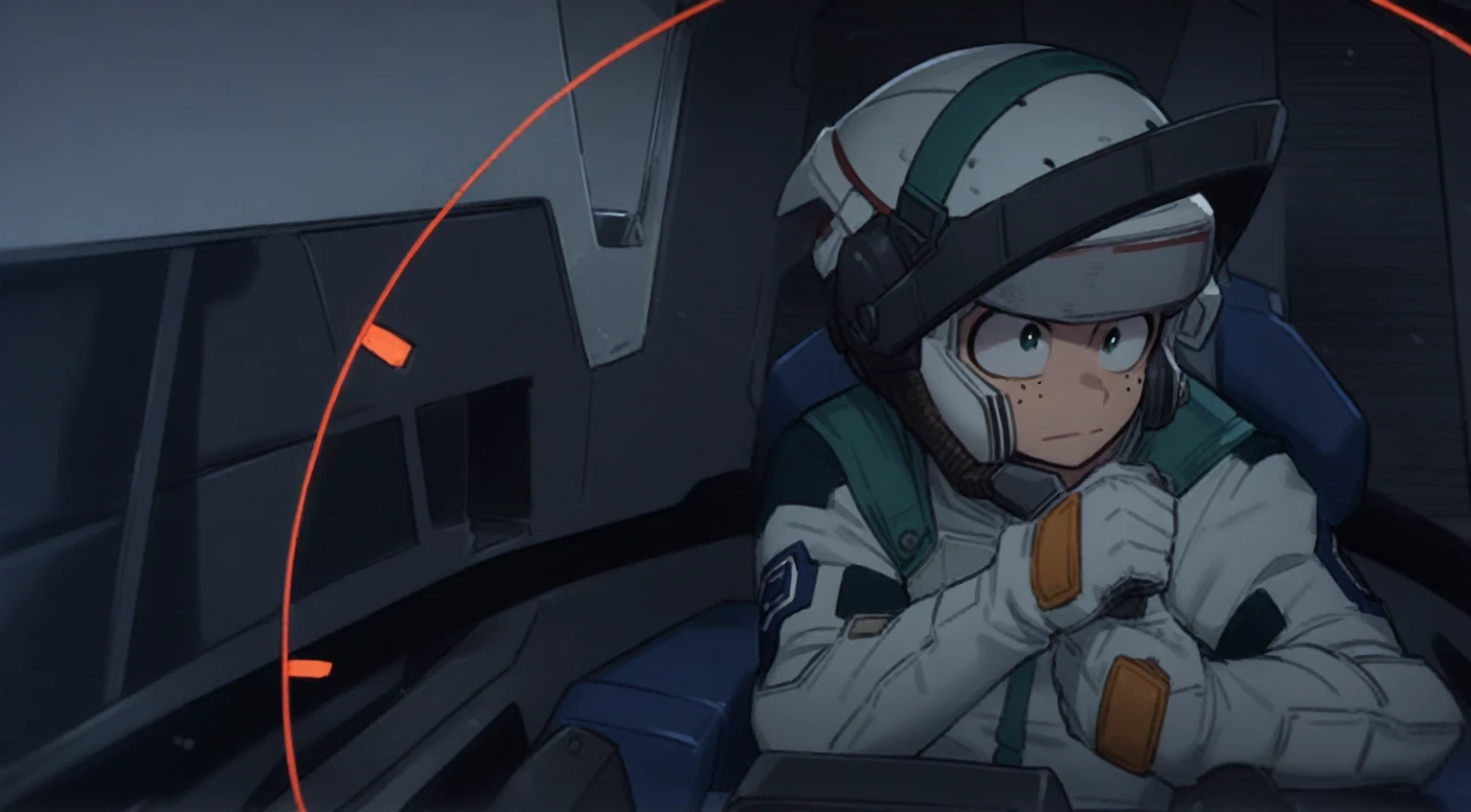 1boy, male focus, midoriya izuku, boku no hero academia, masterpiece, best quality, very aesthetic, absurdres, fighter jet cockpit, grey pilot suit, head turned right, ((flight helmet)), dark glass, ((no hair)) 