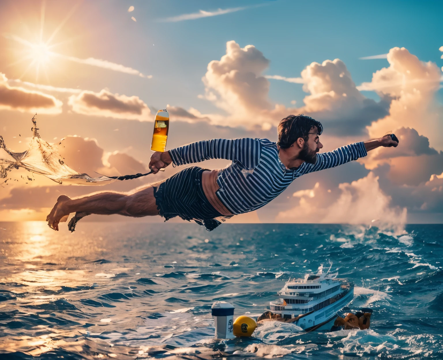 High art, a detailed masterpiece. A muscular, scruffy man, dressed in a sleeveless shirt and dirty shorts, is flying high above the sea, holding a bottle by the neck with his hand, a stream of liquid flying down from the bottle. Far below, a cruise ship sails on the sea, tropical islands on the horizon. The wind blows the jet of liquid around, ruffling the man's clothes and hair.