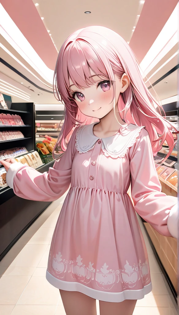 Portrait Art。Pink Hair。slong hair。miniskirts。Camisole。earings。Heart-shaped chest。Heart logo。Happy look。Inside a convenience store、Inside the arcade。Panty、Cute string panties