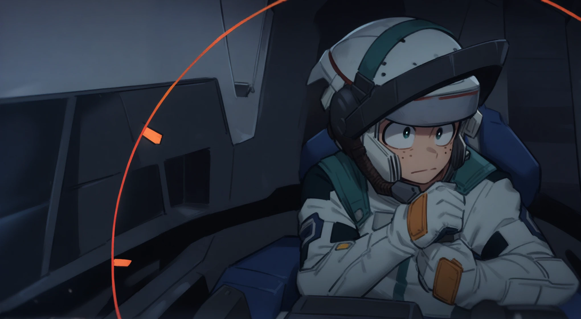 1boy, male focus, midoriya izuku, boku no hero academia, masterpiece, best quality, very aesthetic, absurdres, fighter jet cockpit, grey pilot suit, head turned right, ((flight helmet)), dark glass, ((no hair)) 