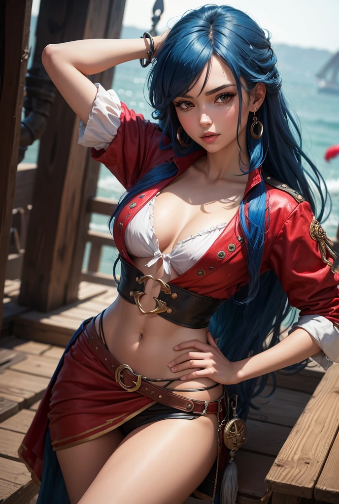 pretty girl, blue hair, pirate style clothes in red and black, 